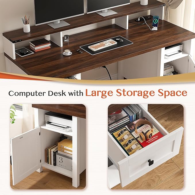 EnHomee Computer Desk with Drawers,23" D Home Office Desk with Storage,Wooden Desk with Monitor Stand,Farmhouse Desk with Printer Space and Power Outlets for Studio,Work, Study,Writing&Gaming,White