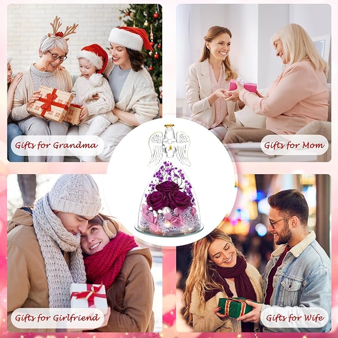 ANWEAO Christmas Flower Gifts for Mom,Angel Rose Gifts for Women,Glass Angel Figurine with Preserved Three Purple Roses,Forever Flowers Women Christmas Birthday Gifts for Mom Grandma Wife Her Friend