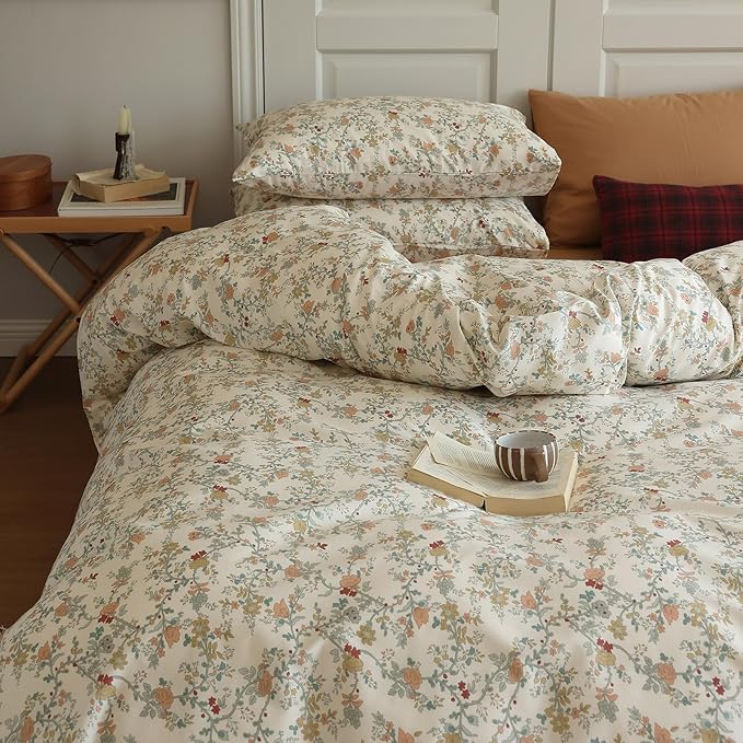 Vintage Style Botanical Floral Duvet Cover Full 3 Pieces Chic Floral Tree Branches Bedding Set Cotton Botanical Flower Duvet Cover with 2 Pillowcases Boho Floral Cottagecore Duvet Covet Full Size