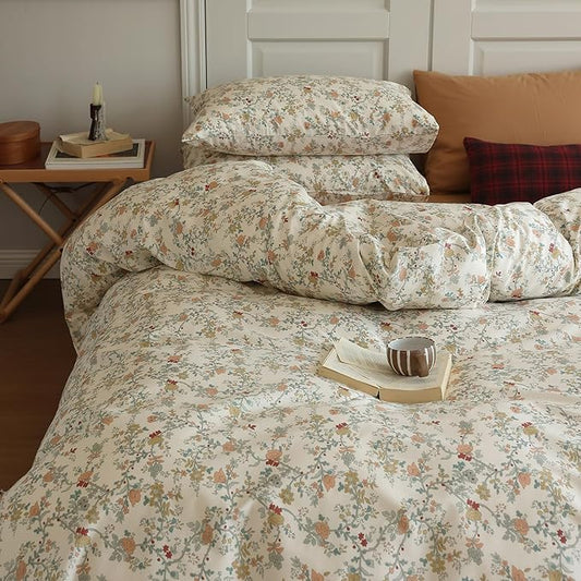 LifeTB Vintage Garden Floral Duvet Cover Queen 3 Pieces Soft Cotton Girls Cottagecore Bedding Set Botanical Flower Comforter Cover with Zipper Closure Floral Branches Vintage Country Bedding