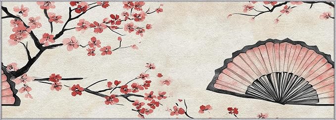 Japanese Cherry Blossom Runner Rug 3x11, Oriental Fan Design, Asian Area Rug, Washable Carpet Runner for Bedroom, Standard Hallways, Kitchen Walkway, Dining Room Sideboard