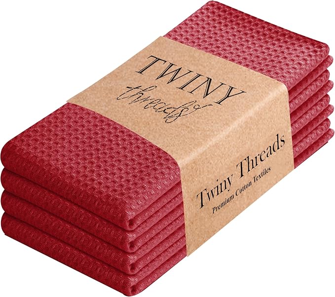TWINY threads Waffle Dish Towel, 4 Pack, 16x26 Inch, Premium Large 100% Cotton Kitchen Linen Set, Absorbent Cloth for Drying Dishes, Cookware, Quick Drying, Reusable & Machine Washable Wash Rags, Red