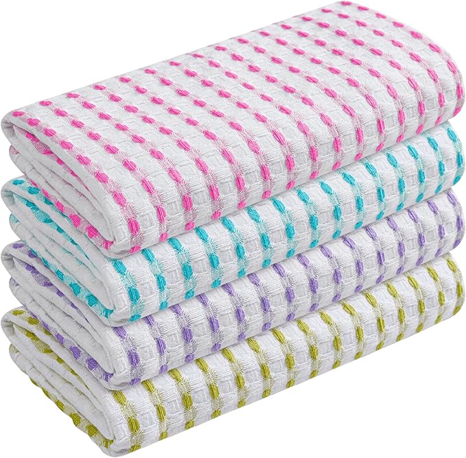 TWINY threads Multicolors White Waffle Towels 4 Pack, 16x26 Inches Absorbent Waffle Weave Kitchen Dish Cloth Set, Soft, Durable & Machine Washable Tea Towel, Rose Pink, Aqua Blue, Lavender, Green