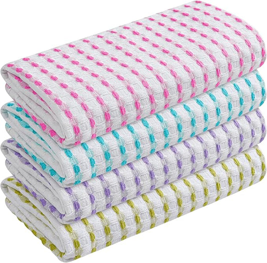 TWINY threads Multicolors White Waffle Towels 4 Pack, 16x26 Inches Absorbent Waffle Weave Kitchen Dish Cloth Set, Soft, Durable & Machine Washable Tea Towel, Rose Pink, Aqua Blue, Lavender, Green