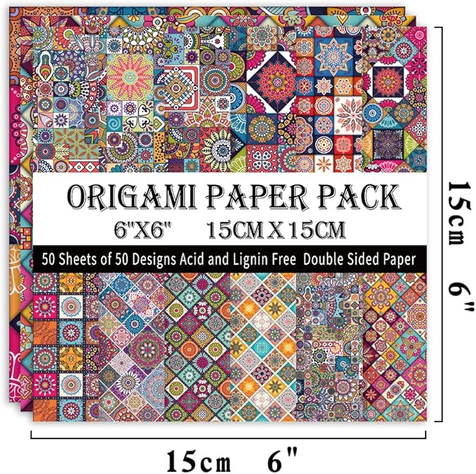 Origami Paper Kit 50 Sheets 70GSM 6 Inch Square Double Sided Color 50 Vivid Japanese Washi Chiyo Colors for Hand Crafts Origami Paper Arts Creativity.Ethnic Style