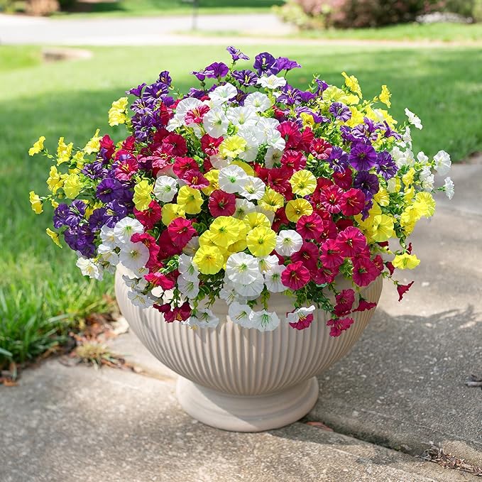 HyeFlora Artificial Flowers for Outdoors Fake Plants Outside Decoration, 12 Bundles Silk Colorful Morning Glory with Eucalyptus UV Resistant Realistic Faux Flowers for Planter Front Door Garden Yard