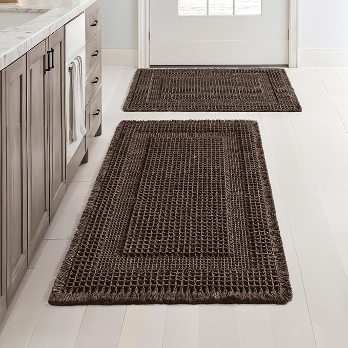 MIULEE Set of 2 Waffle Bathroom Rugs, Boho Bath Rug Super Absorbent, Non Slip Washable Ultra Soft Rubber Backed Shower Bath Mats for Floor, Tub, Shower, Looped Design, Chocolate, 17"x24"+18"x30"
