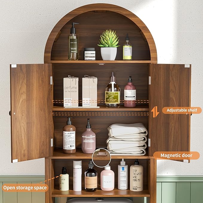 Arched Over The Toilet Storage Cabinet with Fluted Doors, 4 Tier Small Bathroom Shelf Organizer, Mid Century Modern Bathroom Cabinet with Adjustable Shelf, Slim Narrow Arch Toilet Rack, Walnut