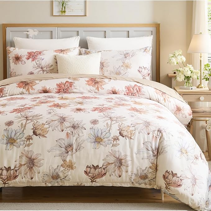 100% Cotton Duvet Cover Queen Size – Cream Hand-Drawn Watercolor Blooms Duvet Cover Set with Zipper Closure & Corner Ties, 3-Piece Luxury & Silky Soft Bedding Set for All Seasons