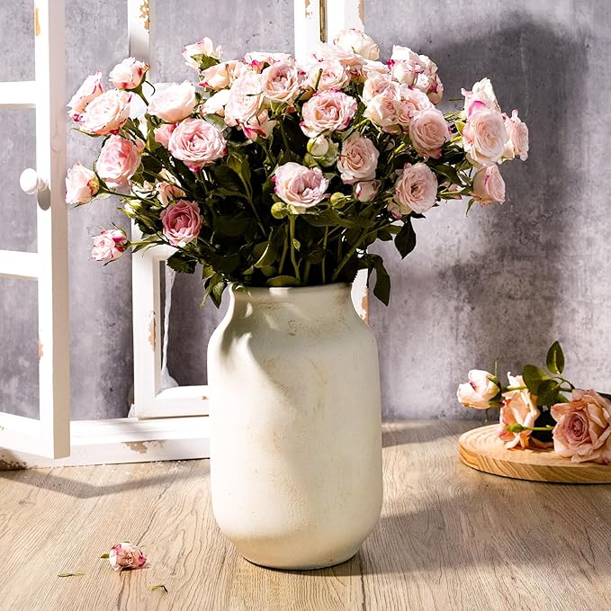 Rustic Ceramic Farmhouse Flower Large Vase, Whitewashed Terra Cotta Vase, Pottery Decorative Flower for Home Decor, Table, Living Room Decoration, Shelf Decor, Mantel, 9.5 Inch, White