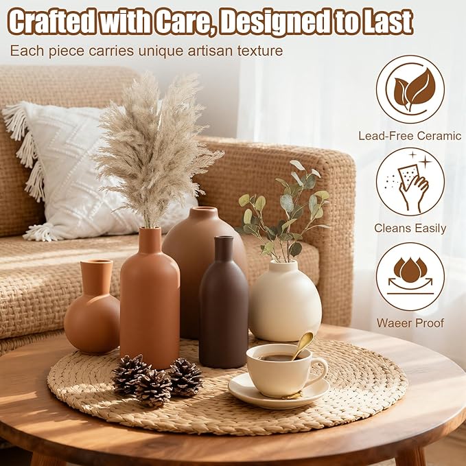 Small Ceramic Vase Set of 5 Modern Home Decor Handmade Pottery Vase for Home TV Stand Living Room Fireplace Farmhouse Bathroom Entry Table Dining Table Decor