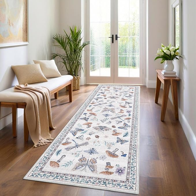 Washable 2x6 Vintage Mushroom Runners for Hallway Entryway Retro Distressed Kitchen Carpet Runner Low Pile Soft Bedside Boho Carpet Non Slip Bath Rug Thin Floral Accent Carpets, Beige