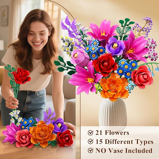 Flowers Bouquet Building Set with LED Light, 21 Flower Botanical Collection Building Block Toy, Rose Lily Home Plant Decor 1054PCS for Her Adults Women Kids Girls 12+ (RED)