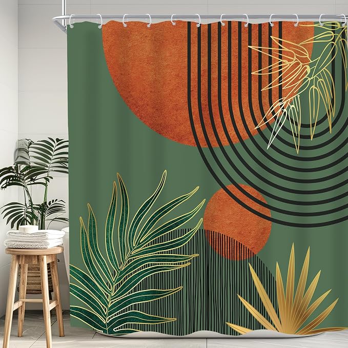 KOMLLEX Mid Century Green Orange Boho Shower Curtain for Bathroom Decor Abstract Modern Sun Minimalist Aesthetic Arch Curve Leaves Geometric Neutral Fabric Waterproof Polyester 12 Pack Hooks 72Wx72L