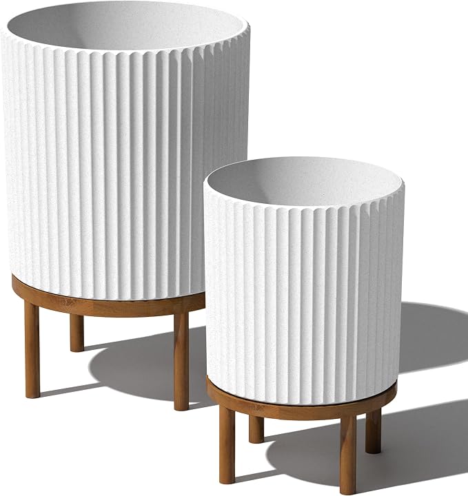 Veradek Demi Series Round Planter w/Stand for Porch/Patio | Durable Plastic-Stone Composite & Wooden Stand | Modern Décor for Tall Plants, Flowers