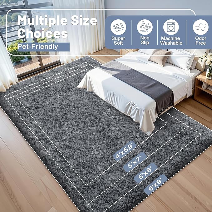 OLANLY 6x12 Machine Washable Large Area Rugs for Living Room, Bedroom, Soft Fluffy Shaggy Bedside Rug, Indoor Floor Carpet for Kids Girls and Boys, Dorms, Nursery, Home Decor Aesthetic, Grey