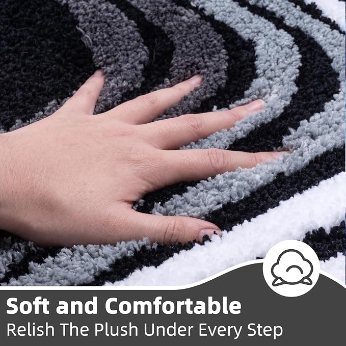 High Pile Tufted Bath Mat Non Slip Absorbent, Ultra Soft Microfiber Bathroom Rug with 3D Striped Pattern, Funky Small Rug for Sink, Toilet, Tub, Machine Washable, 16"x24", Black