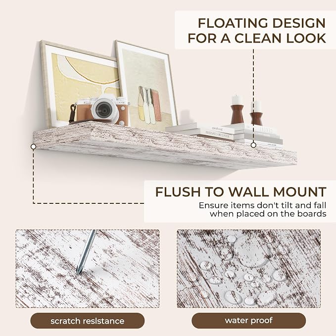 RICHFOCUS 40Inch Floating Shelves for Wall 2 Pack Shelves for Bedroom|Kitchen|Bathroom|Laundry Room Rustic Wood Wall Mounted Shelf with Invisible Brackets for Books|Storage|Decor, Rustic White