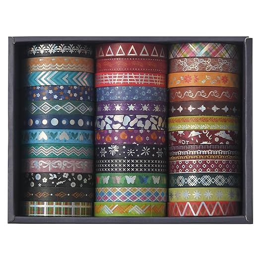 Songdao 36 Rolls Skinny Washi Tape Set Gold Foil Detailing Arts Adhesive Tapes Basic Patterns Decorative Masking Tape Sets for Craft, Kids, Scrapbook, DIY, Gift Wrapping (Colorful Silver)