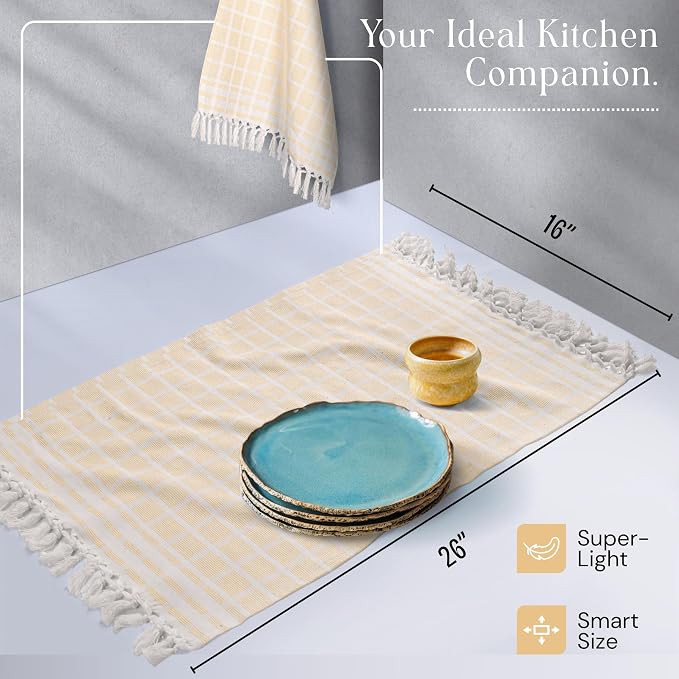 4 Pack Combo Colors Matrix Kitchen Towels, 100% Cotton, 16"x26", Absorbent Tea Towel with Handmade Tassels, Reusable Cleaning Cloths - Lavender, Sandal Yellow, Aqua Blue, Forest Green