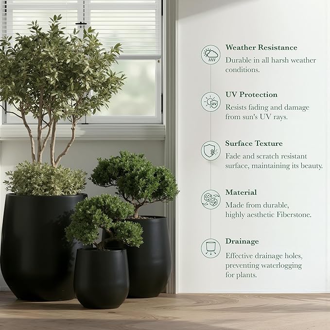 DTY Signature Mount Wilson Modern Indoor Outdoor Fiberstone Tapered Planter, Lightweight, Weather Resistant Garden Pot with Drainage Hole & Rubber Plug, Planter for Christmas Decor - Black, Large