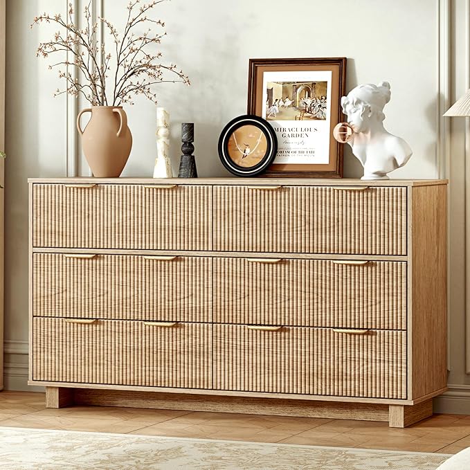 54.72" Modern Chest of Drawer, 6 Deep Drawers,Clothes Organizer,Large Storage Cabinet for Living Room, Bedroom,Dresser TV Stand, Wood Drawer Organizer for Living Room, Hallway, Timber