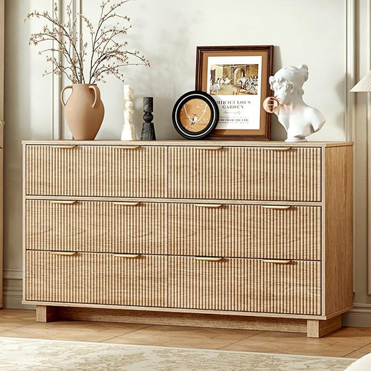 54.72" Modern Chest of Drawer, 6 Deep Drawers,Clothes Organizer,Large Storage Cabinet for Living Room, Bedroom,Dresser TV Stand, Wood Drawer Organizer for Living Room, Hallway, Timber