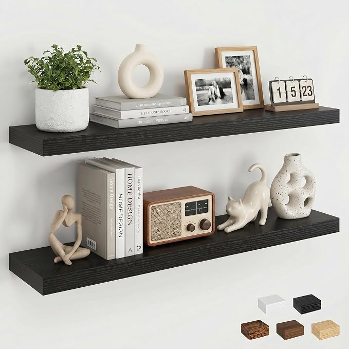 Dreamland 32inch Floating Shelves for Wall, Rustic Black Floating Shelves for Bathroom|Bedroom|Kitchen, Deep Wall Mounted Book Shelf, Wood Storage Display Shelf for Home Decor, Set of 2