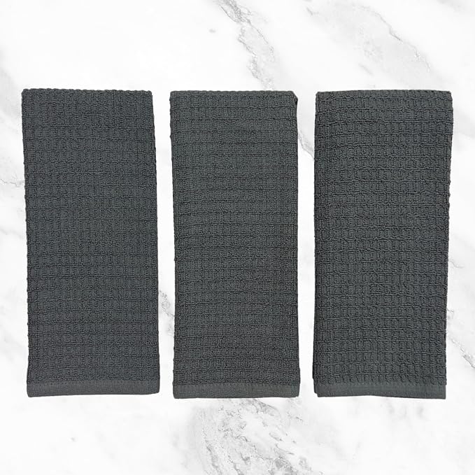 Waffle Grey Kitchen Dish Towels 100% Cotton Cloth Soft Cleaning Drying Absorbent Terry Box Loop: Set of 3 Multipurpose for Everyday Use (Grey Box)