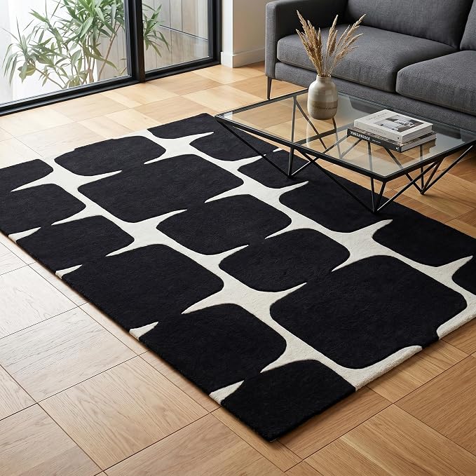 Restoration and Renovation Modern Wool Area Rug - Contemporary Abstract Geometric Design, Thick & Soft Hand-Tufted Carpet - Ideal for Indoor Decor in Living Room, Bedroom (Black, 5' Round)