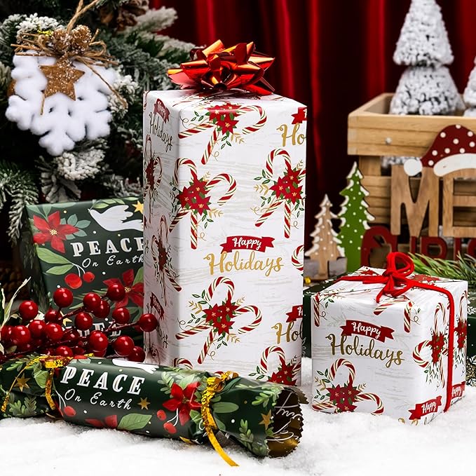 MAYPLUSS Green Christmas Wrapping Paper - 17In x 120In Per Roll - Elegant Gold Red Poinsettia, Vintage Snowflake, Peaceful Dove & Olive Branch in Flight Winter Gift Wrap for Christmas, Holiday, Party