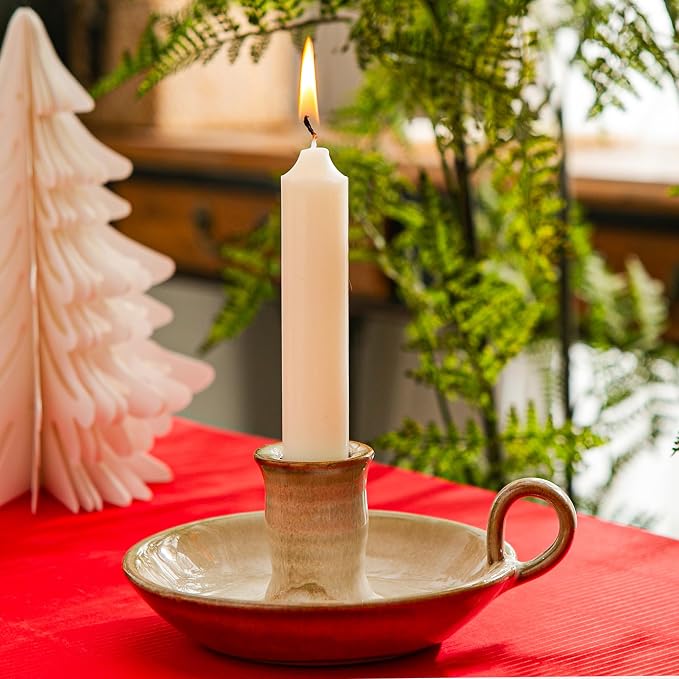 Candlestick Holder, Vintage Ceramic Candle Holder for Taper Candles, Spell Candles, and Incense, Farmhouse Candlelight Stand with Handle for Home, Dining Table, Halloween, Christmas Decor