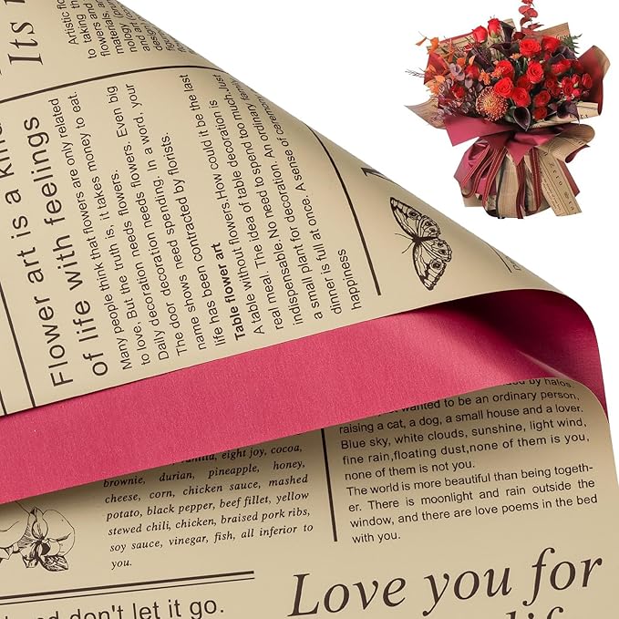 WRAPAHOLIC 20 Sheets Reversible Flower Wrapping Paper - 22 x 22 inch Retro Lettering and Red Water-Resistant Floral Bouquet Wrapping Paper, Florist Supplies Packaging Paper for Wedding Gift DIY