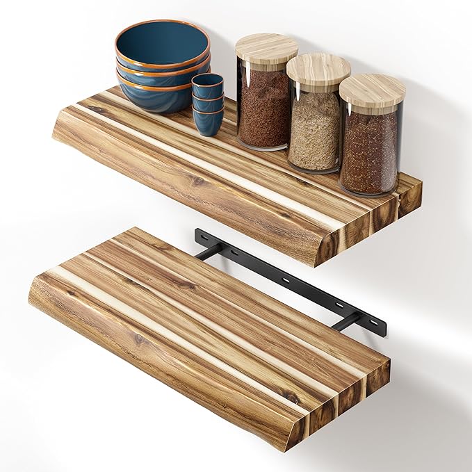 BATODA 17” Acacia Live Edge Floating Shelves, Wooden Floating Shelves for Wall - Set of 2 Floating Book Shelves, Book Shelf for Wall - Mounted Shelf, House Decor with Hardware (Natural Color)
