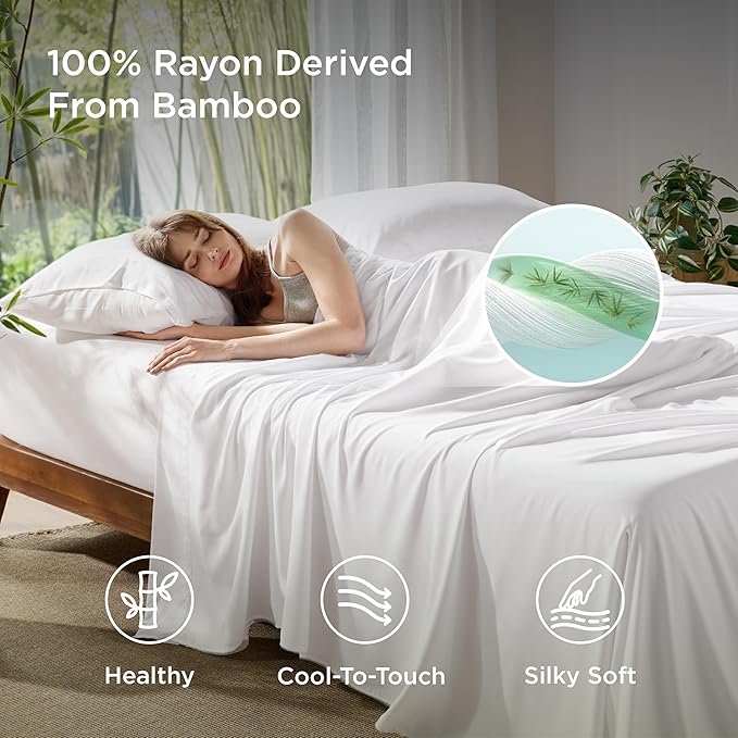 Bedsure King Size Sheet Set, Cooling Sheets, Rayon Derived from Bamboo, Deep Pocket Up to 16", Breathable & Soft, Bed Sheets, Hotel Luxury Silky Bedding for Hot Sleepers, White
