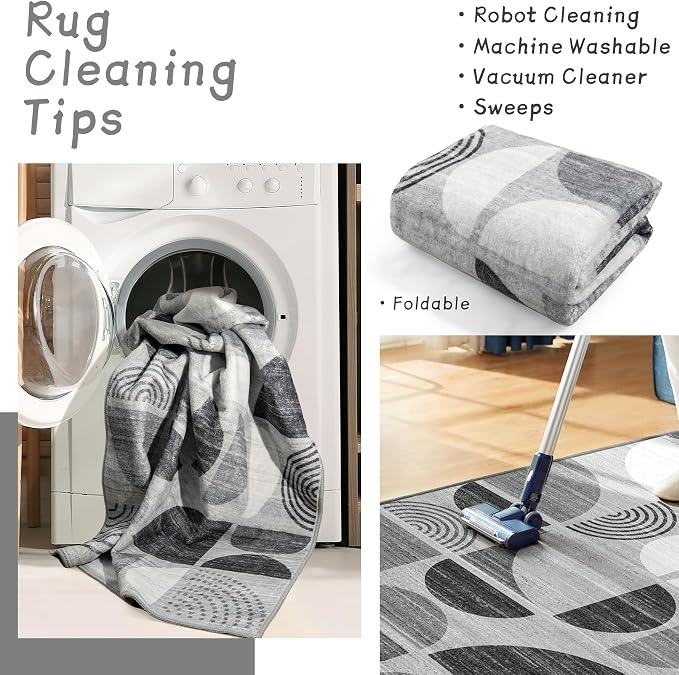 MUJOO 3x5 Rug Washable,Black and Grey Area Rugs for Bedroom Entryway Living Room Bedside,Small Boho Throw Floor Carpet Non Slip Soft Indoor Modern Abstract