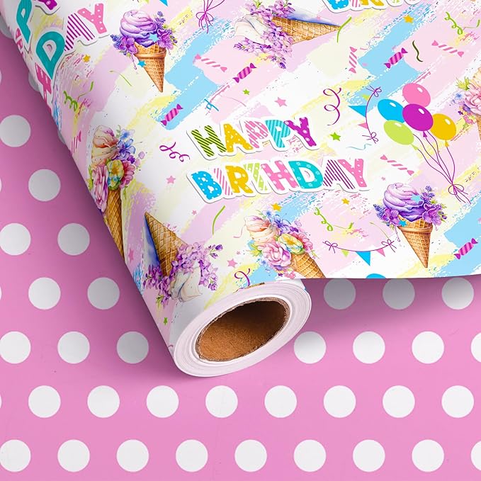 Altarho Reversible Ice Cream Wrapping Paper Roll for Kids Girls Women - 17 Inch x 20 Feet - Pink Summer Happy Birthday and Polka Dot Design Gift Wrap for Baby Shower Party Total 28.5sq.ft