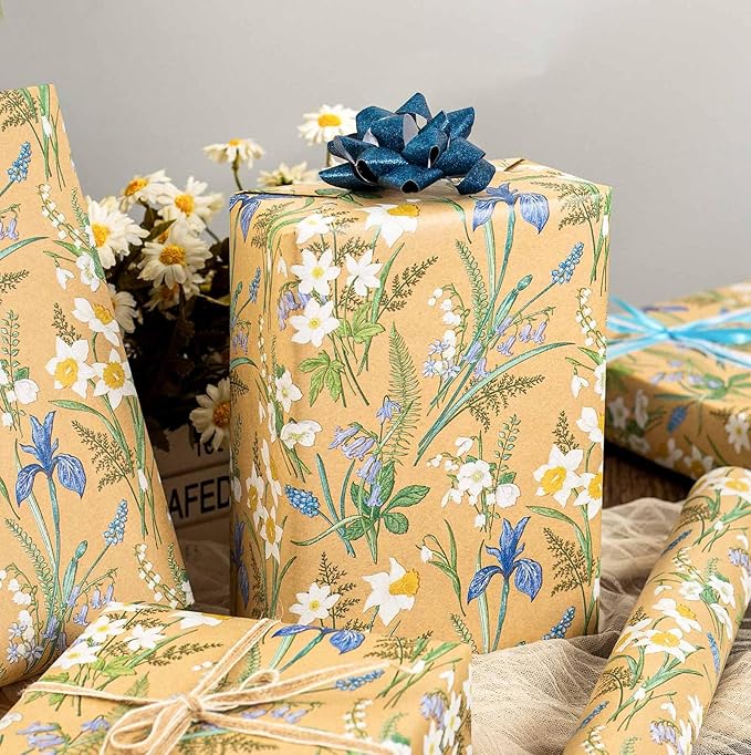 MAYPLUSS Kraft Floral Wrapping Paper - 17Inch x 16.5Feet - Elegant Meadow Gift Wrap Boho Garden Watercolor Flower Gift Wrapping Paper for Birthday, Wedding, Mothers Day, Bridal Shower, Engagement