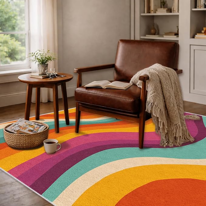 Retro 70s Area Rug 3x4, Mid Century Modern Abstract Wavy Carpet, Colorful Rainbow Swirl Rug for Living Room Bedroom Office, Non-Slip Washable Indoor Floor Mat