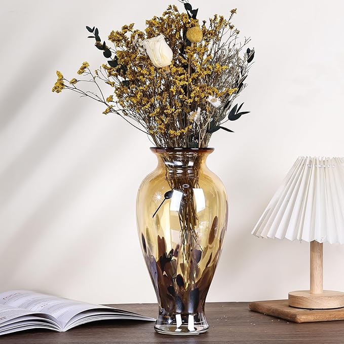 11.8" Tall Amber Gold Glass Vase Beautiful Hand Blown Glass Vase Modern Art Home Decor, Wide Mouth Colorful Vases for Mantle Dining Table Centerpiece, Entryway Living Room Wedding Decoration
