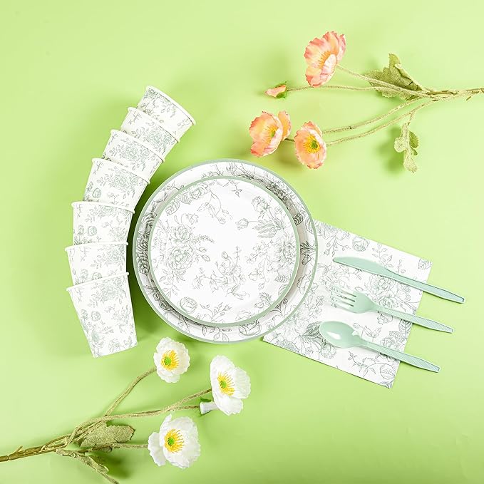 175Pcs Sage Green Floral Paper Plates and Napkins 25 Guests Green Toile Chinoiserie Party Supplies Set Include Plates Napkins Cups Spoons Forks Knives for Birthday Wedding (175, Sage Green Floral)