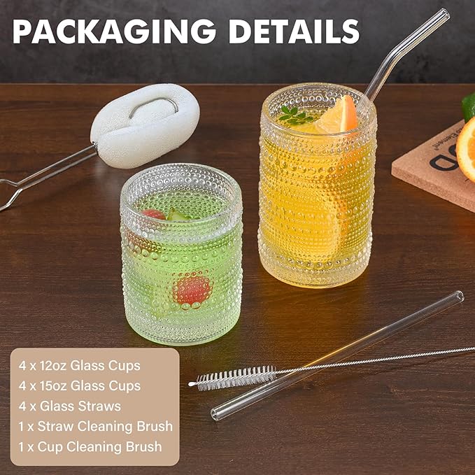 ZMOWIPDL Vintage Hobnail Drinking Glasses Set of 8,Clear 12 oz & 15oz Highball Glass Cups, Kitchen Drinkware Glassware,Embossed Water Tumbler,for Beer,Cocktail,Whiskey,Juice and Various Mixed Drinks