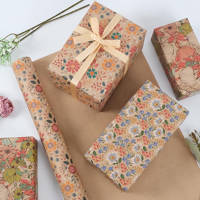 Aimyoo Kraft Floral Wrapping Paper Roll - 3 Rolls- 30 Inch x 10 Feet Per Roll - All Occasion Vintage Flower Gift Wrap Paper for Mother's Day Wedding Birthday Bridal Shower