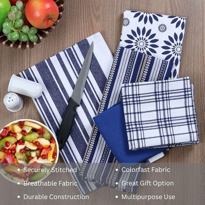 WeWove Assorted Kitchen Towels Set of 5-100% Cotton Dish Cloths Towels with Hanging Loop - Soft Absorbent Washable Reusable for Kitchen Use - Quick Drying 16x26 inch Dish Towels Blue