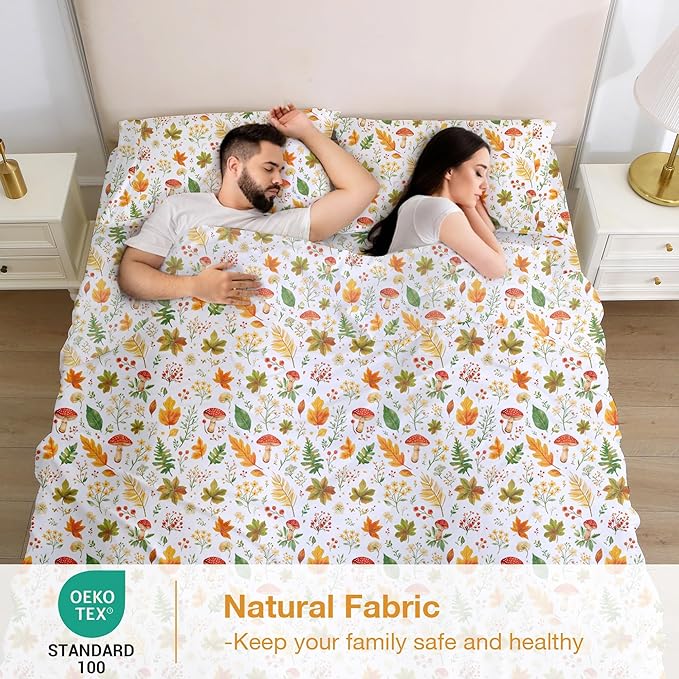 Softan Orange Floral Twin Size Sheet Set, 3-Piece Printed Microfiber Fitted Sheet with 15" Deep Pockets & Non-Slip Straps, Maple Leaves & Mushroom Patterned Bedding Sheets & Pillowcase Set