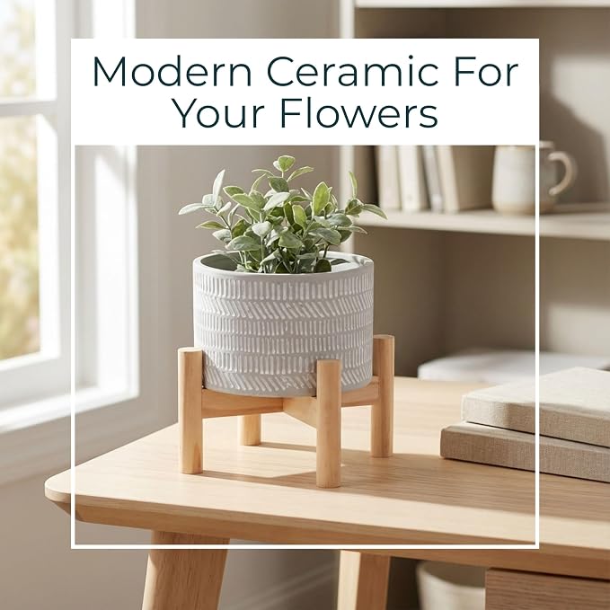Stoneware Planter With Wood Stand – Plant Stand Indoor For Small Greenery, for Shelf, Table, or Windowsill, Modern Patterned Planter With Plant Riser Accent Home Decor – 6", Ivory Tan