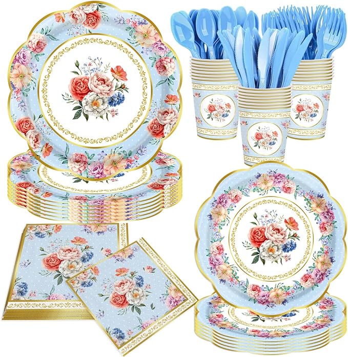 140Pcs Tea Party Decorations Tableware Set Floral Plates and Napkins for Birthday Party, Baby Showers, Bridal Showers, Wedding Bachelorette Party Supplies Floral Tea Party Plates, Serves 20 (Blue)