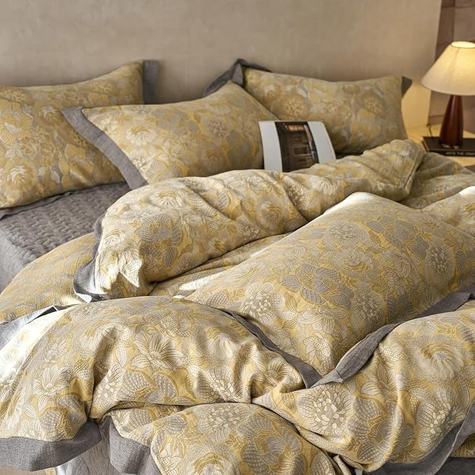 Jacquard Floral Duvet Cover Set Twin Premium Yarn-Dyed Cotton Yellow Gold Flower Duvet Cover Jacquard Reversible Floral Comforter Cover with Edge Design Vintage Garden Style Botanical Bedding Set Twin