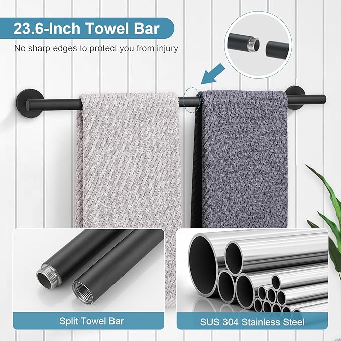 TQKAG Matte Black Bathroom Hardware Set 5 Pieces, SUS304 Stainless Steel Towel Bar Set Round Bathroom Towel Rack Set Wall Mounted