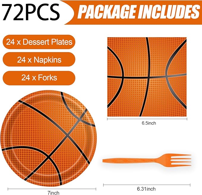 72 Pcs Basketball Paper Plates and Napkins - Disposable Party Plates and Napkins Tableware Set for Sports Birthday Party, Baby Shower - Serves 24